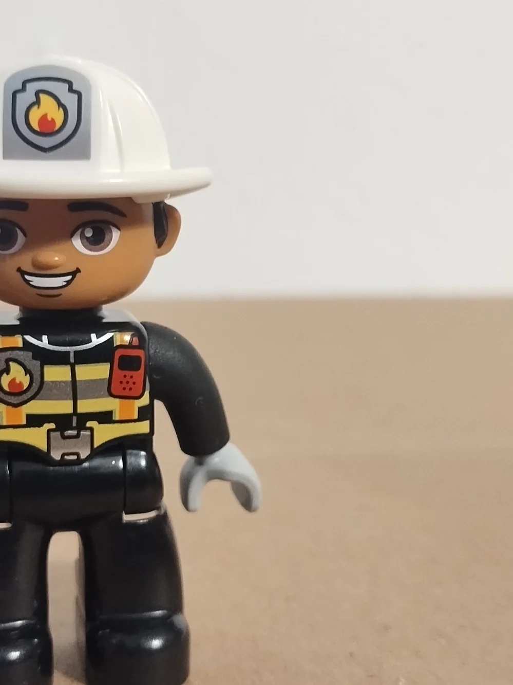 Lego Duplo Figure Fireman white hat (fire on hat) black uniform